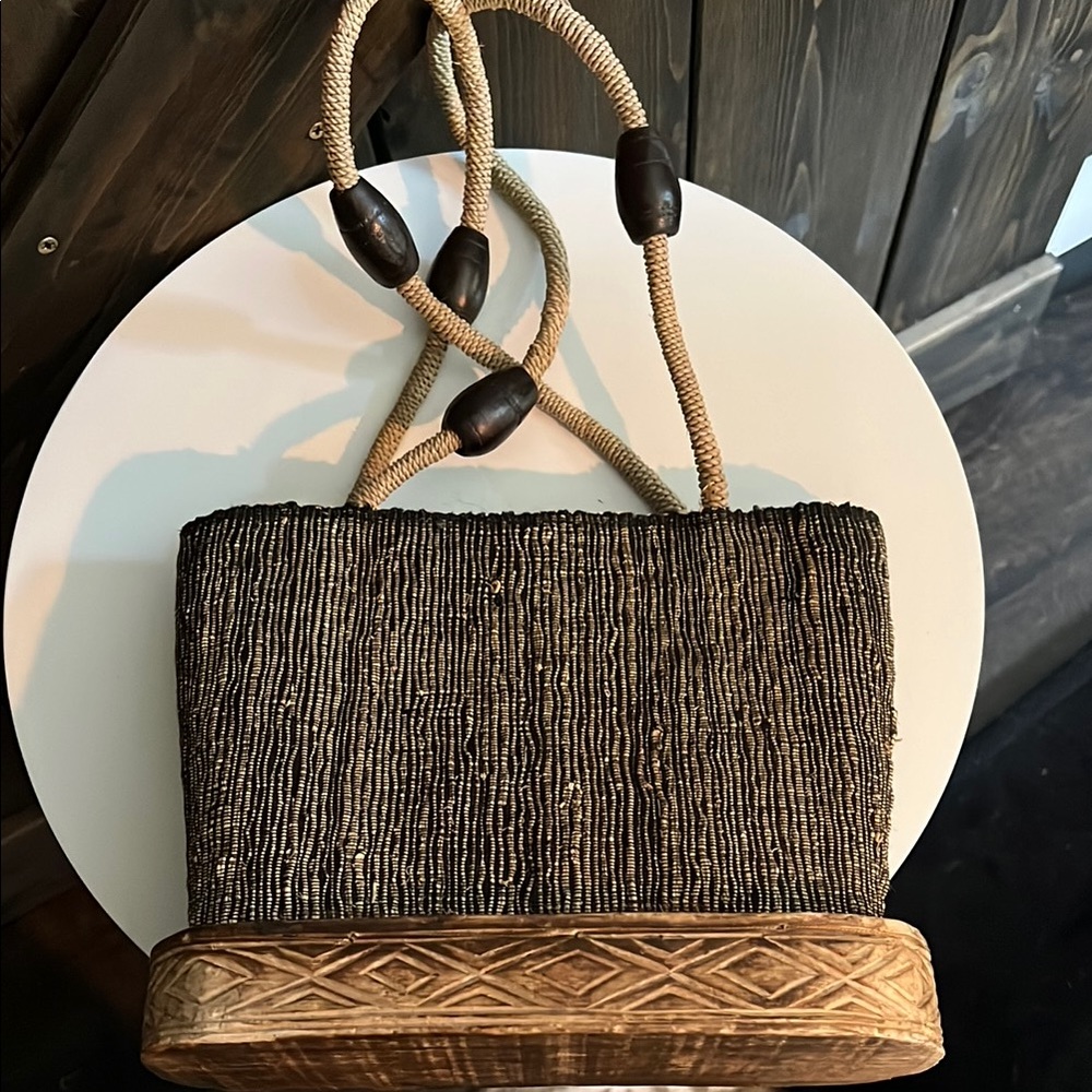 Stylish Black and Tan Woven Tote Bag With Wood Bottom - Picture 2 of 7